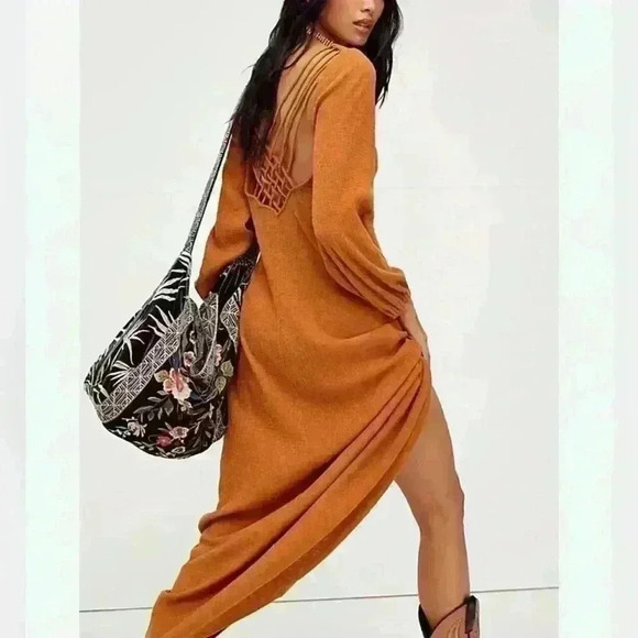 NEW FREE PEOPLE FP BEACH Sz LARGE AMALFI LONG SLEEVE V NECK MAXI DRESS - Picture 1 of 8